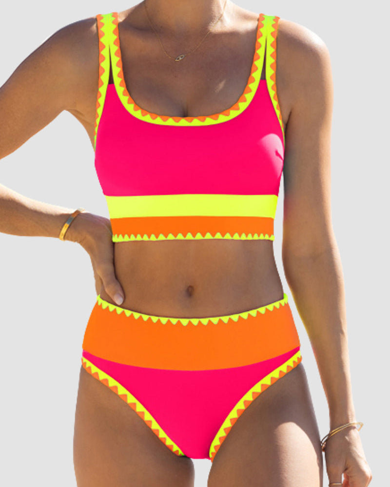 Färgkontrast Patchwork Nylon Sportig 3-delad Bikini-set