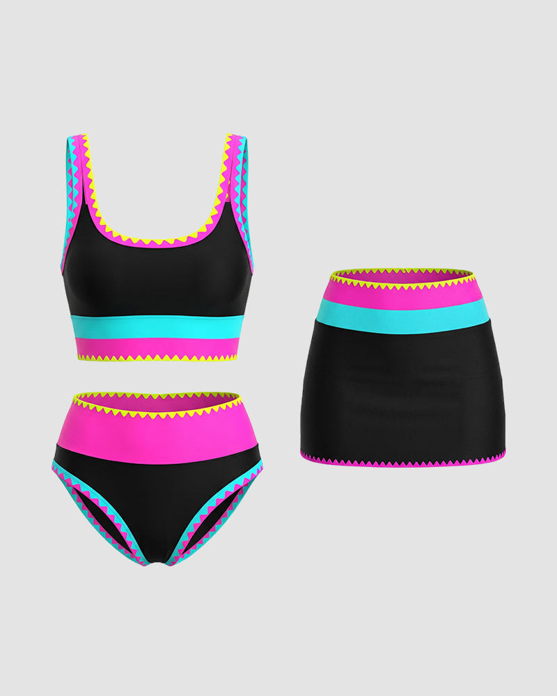 Färgkontrast Patchwork Nylon Sportig 3-delad Bikini-set