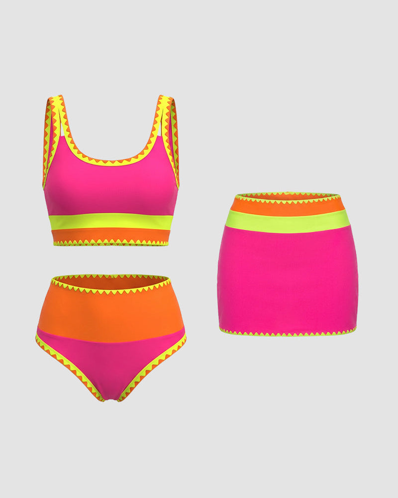 Färgkontrast Patchwork Nylon Sportig 3-delad Bikini-set