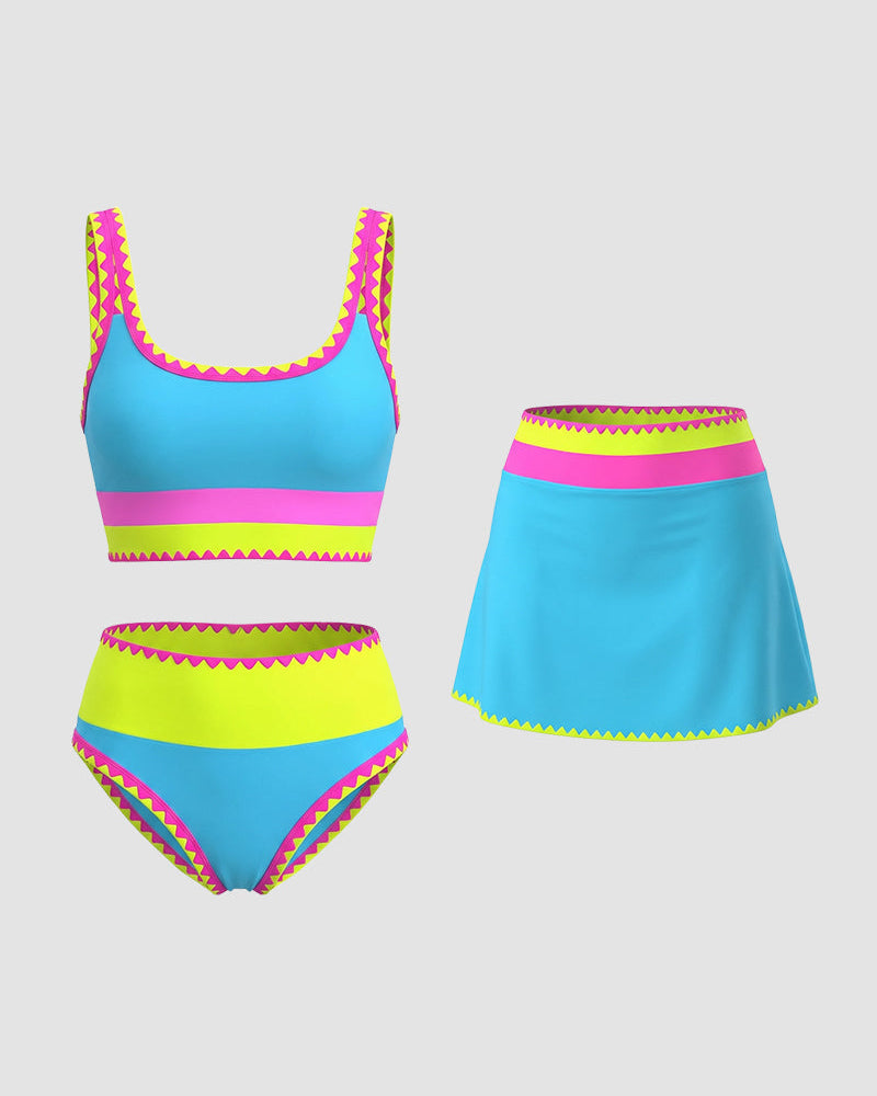 Färgkontrast Patchwork Nylon Sportig 3-delad Bikini-set