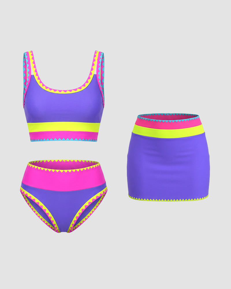 Färgkontrast Patchwork Nylon Sportig 3-delad Bikini-set