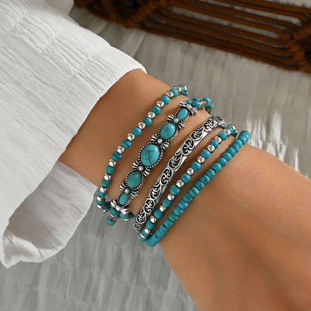 Boho armband set med turkosa pärlor