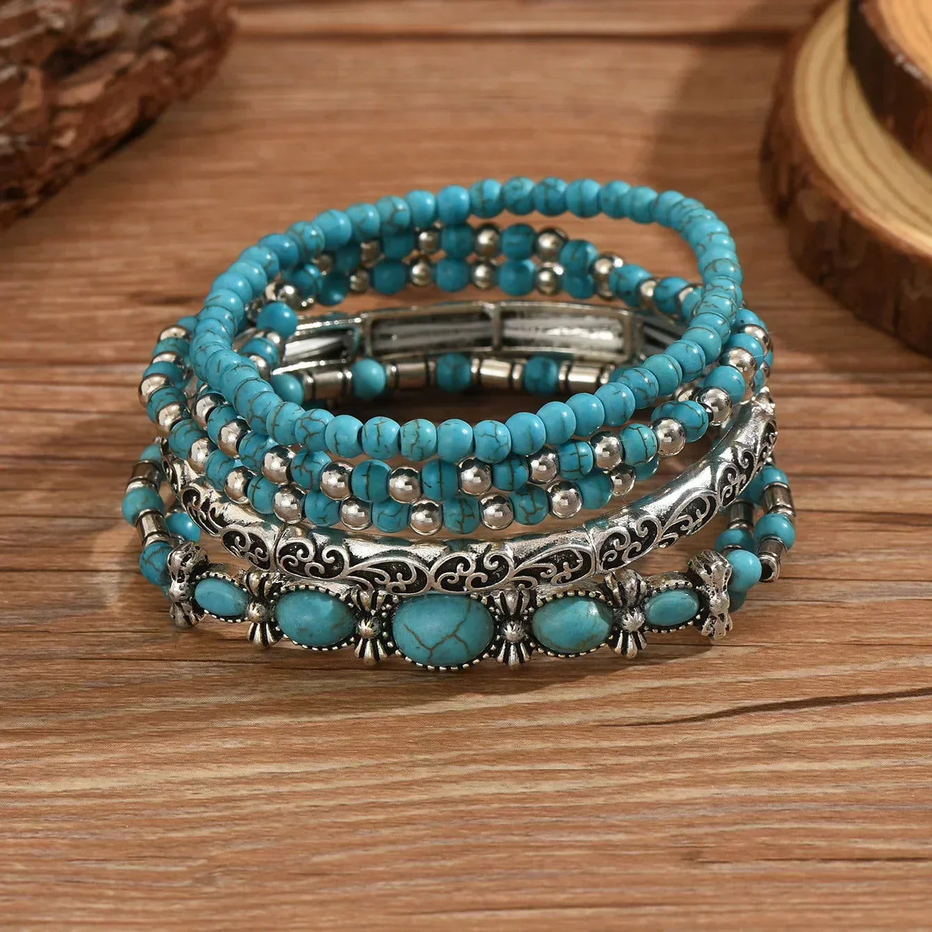Boho armband set med turkosa pärlor