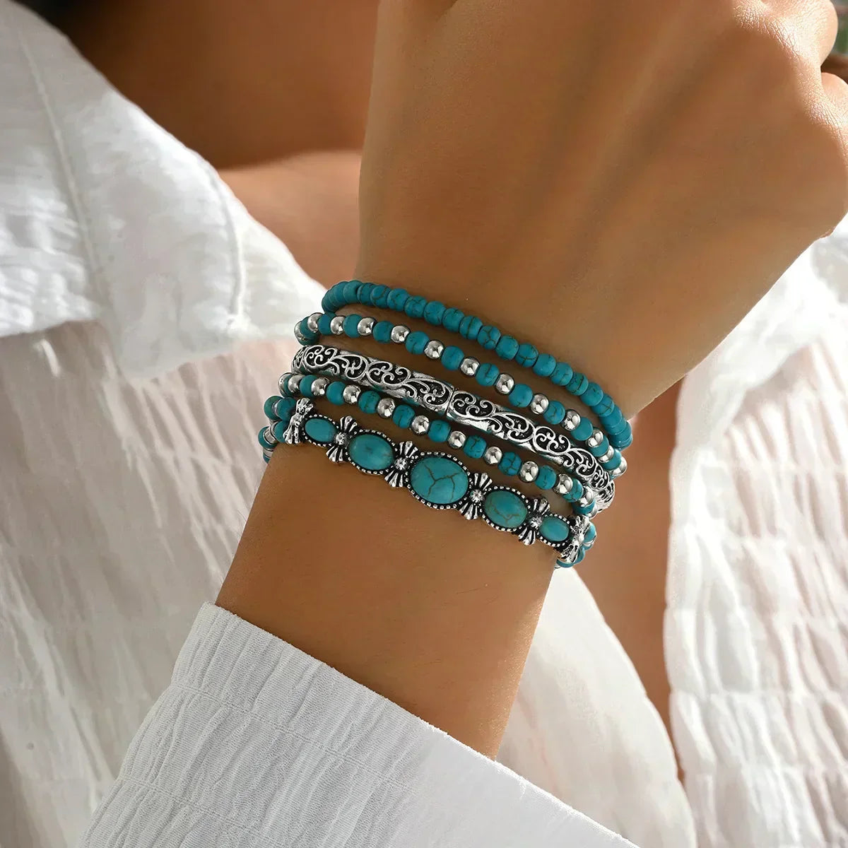 Boho armband set med turkosa pärlor